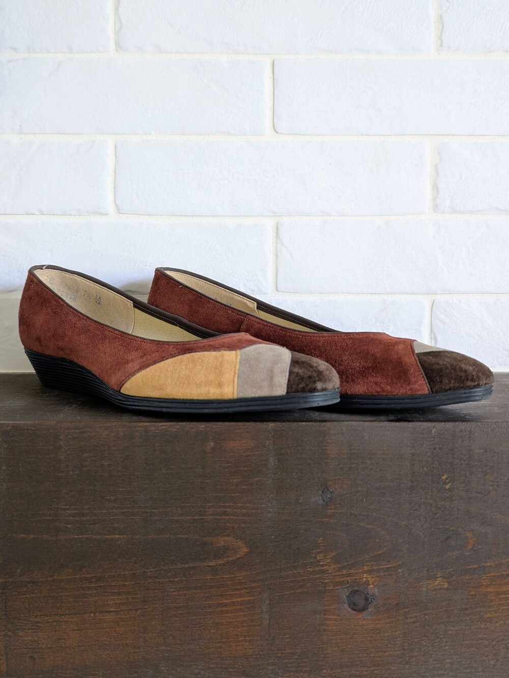 Naturalizer 7.5 7 1/2 Suede Leather Patchwork Shoes Low Wedge Ballet Flats Brown